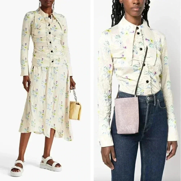 NWT Ganni Floral Print Ruched Crinkled Satin Button Front Shirt in Yellow - Picture 1 of 11
